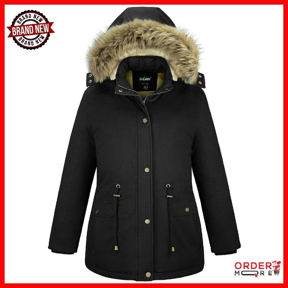 Plus Size Sherpa Lined Winter Coat with Detachable Hood - 1X-5X